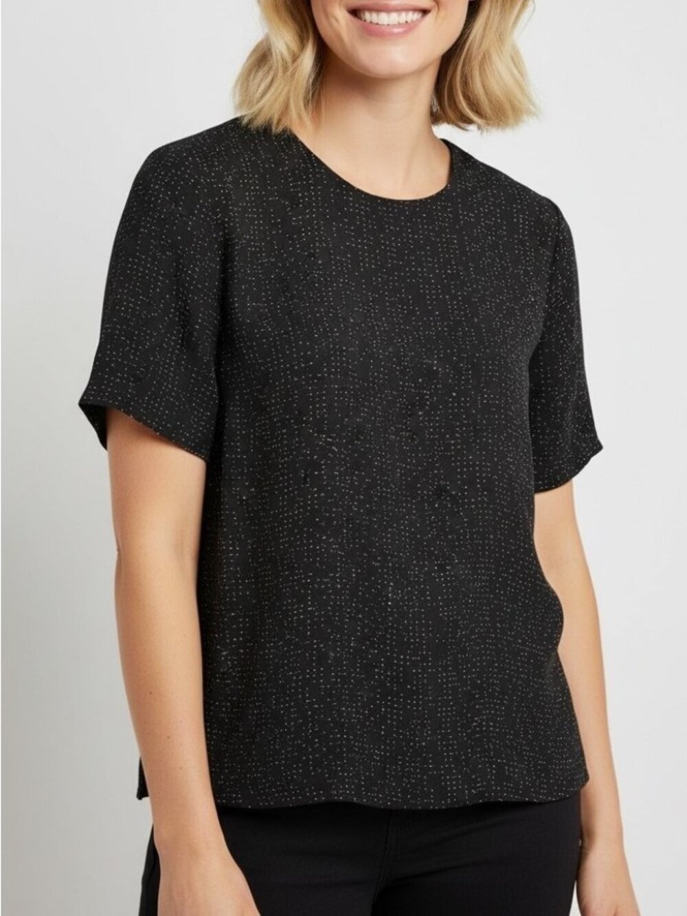 Eileen Fisher Petite Black Tencel Lyocell Blend Dot Print Blouse Top 16P
